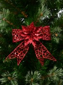 Red Glittered Mesh Look Ribbon Bow Decoration With Poinsettia - 15cm