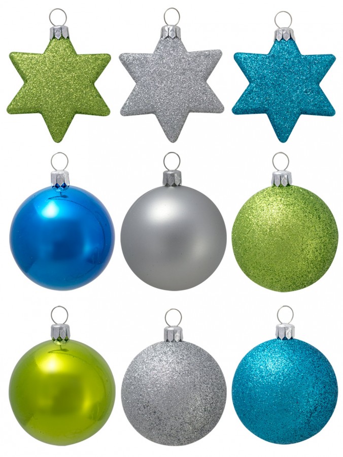 Assorted Turquoise, Lime & Silver Baubles & Stars - 34 x 60mm Bauble & 16 x 65mm Star