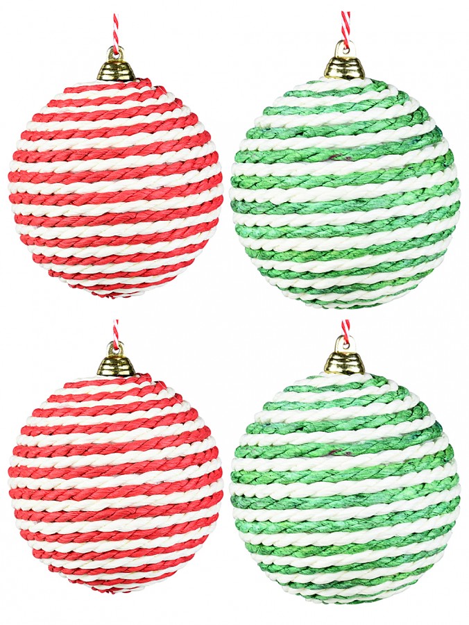 4x 80mm Natural, Red & Green Paper Rope Cord Christmas Baubles