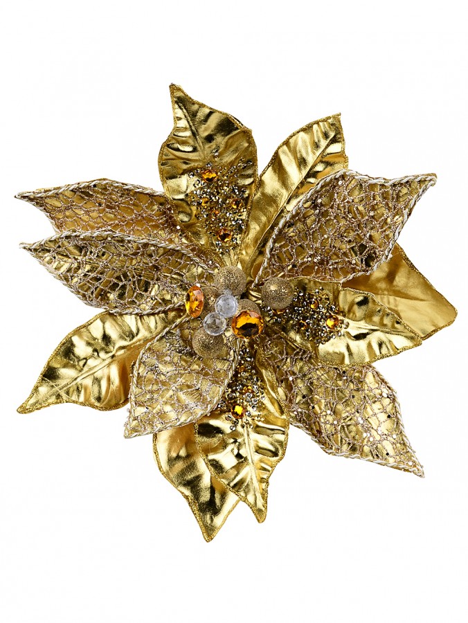 36cm Large Gold Gloss Decorated Poinsettia Flower Christmas Tree Clip Pick