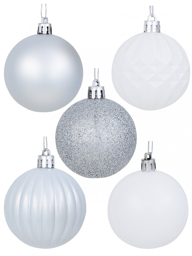 35x 60mm Silver Pearl, Matte, Glitter & Matte White Christmas Baubles