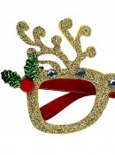 Gold Glitter Reindeer Antlers Fun Novelty Christmas Glasses - One Size Fits Most