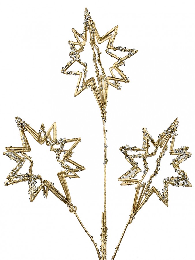 62cm Gold 3D Wire-Like Christmas Stars Spray With Sequins Long Stem