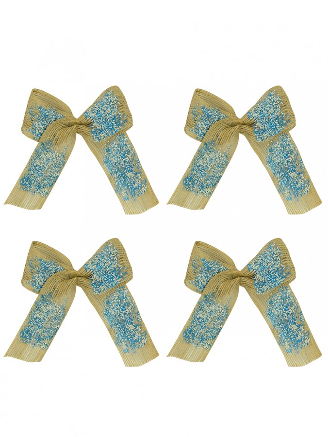 Silver & Turquoise Hessian Christmas Bow Decorations - 4 x 19cm