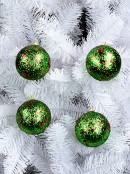 Green Glitter Coated Christmas Baubles With Red Star Decorations - 4 x 80mm