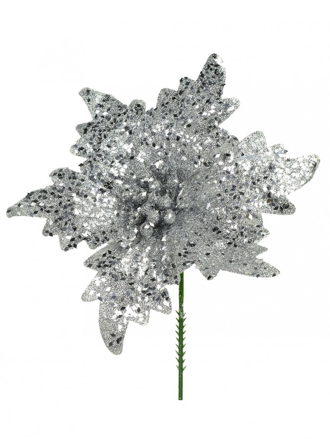 Silver Glittered Flecks Poinsettia Pick - 16cm