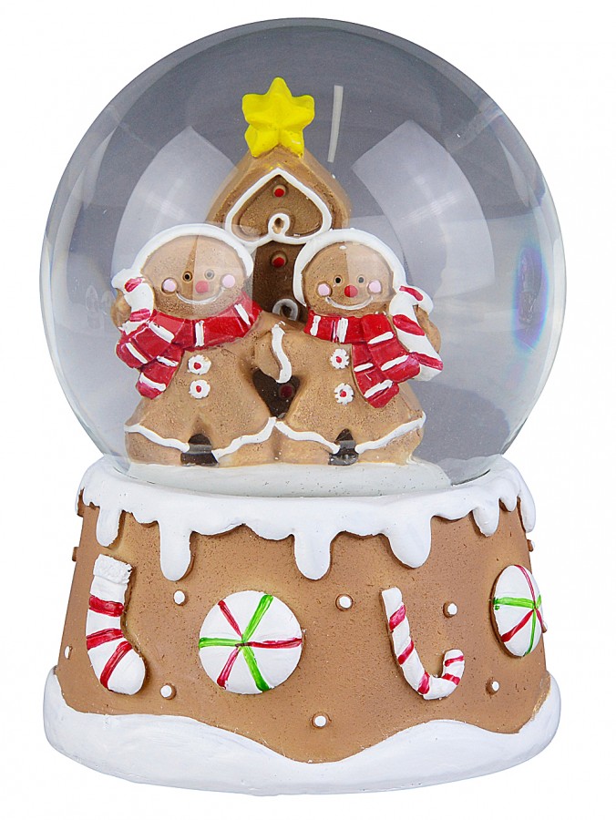 15cm Gingerbread Family & Tree Scene Wind-Up Music Snow Globe Ornament