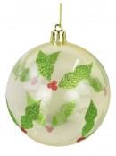 Holly Print Baubles In Pearl White & Clear Gold - 4 x 60mm