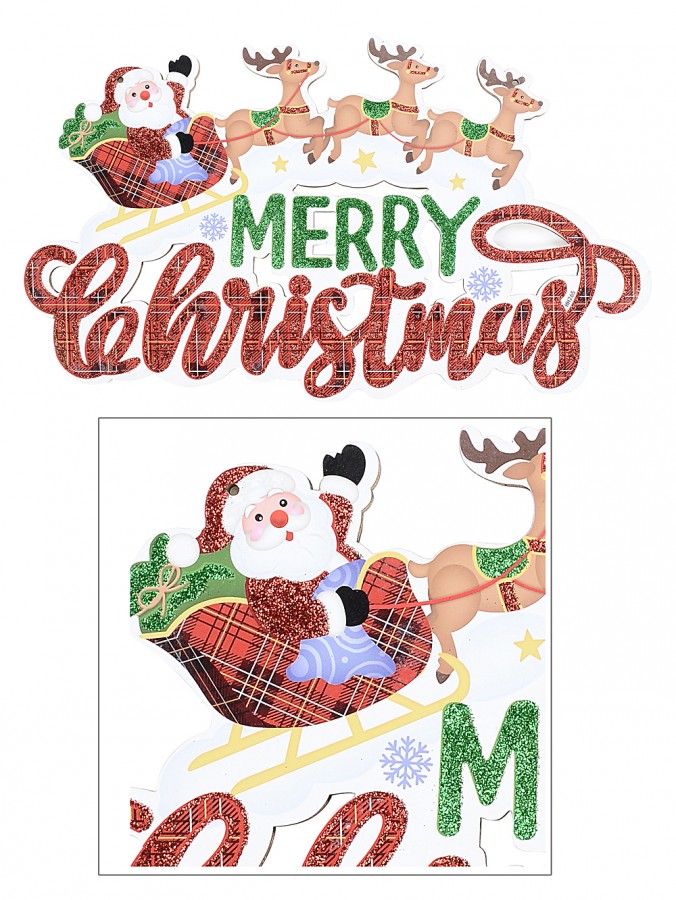 Santa, Sleigh, Reindeers & Merry Christmas Hanging Sign Decoration - 40cm