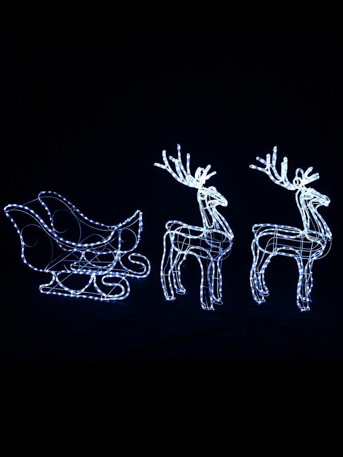 Cool White LED 3D Sleigh & Two Reindeer Rope Light Display - up to 1.8m