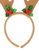 Brown Velvet Reindeer Antlers Headband With Mistletoe Decorations - 26cm