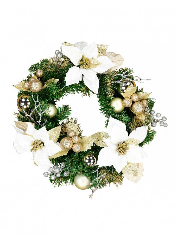 Decorated White Poinsettia, Mistletoe, Berries & Baubles Pine Wreath - 45cm