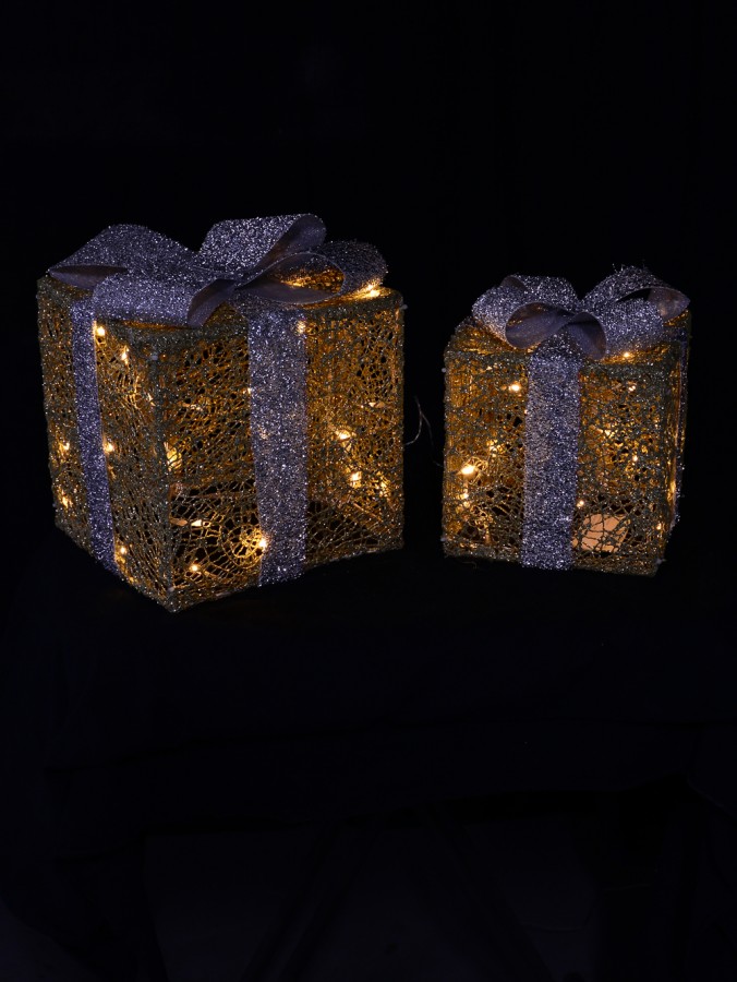 Glittered Mesh Gift Boxes With Bows & Warm White LED Lights - 26cm & 20cm