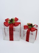 Glittered White Mesh 3D Gift Boxes With Bow & Warm White LED Lights - 30cm