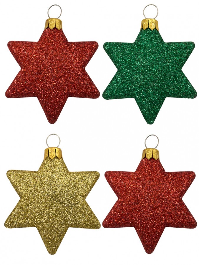 Red, Gold & Green Glittered Star Decorations - 65mm
