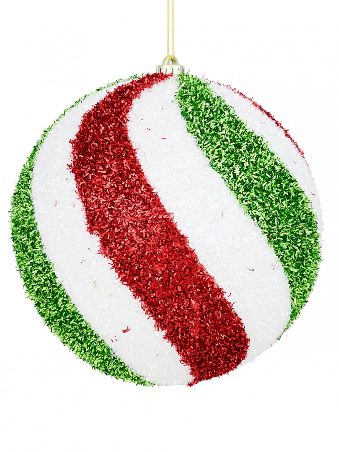 25cm Red, White & Green Swirl Pattern Tinsel Fleck Large Display Bauble