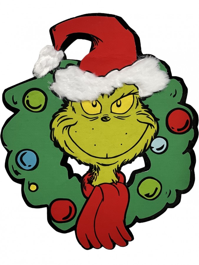 The Grinch With Decorated Christmas Wreath Whimsy Wall Decoration - 23cm