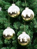 4x 10cm Glossy Gold Christmas Baubles With White & Silver Glitter Snow