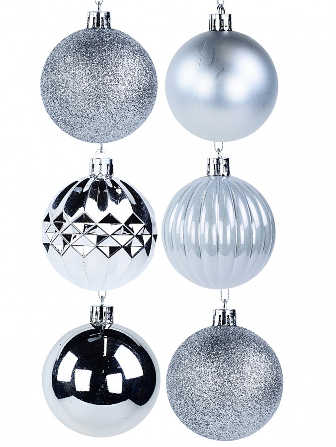 Silver Assorted Shiny, Matte, Glitter & Pearl Christmas Baubles - 35 x 60mm