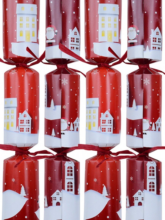 12x Snowy Midnight Town Scene Red Christmas Bon Bons (Crackers) | 30cm