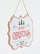 White Merry Christmas Hanging Sign Plaque With Red & Green Print - 24cm
