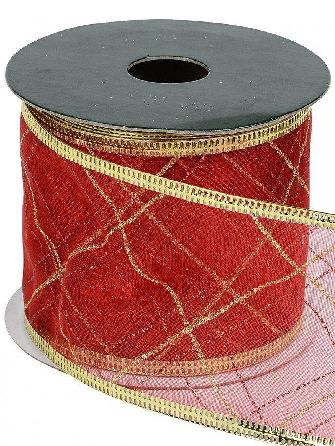 Red & Gold Plaid Pattern On Red Sheer Wide Cut Christmas Craft Ribbon - 3m