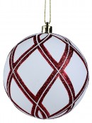 Red & White Christmas Baubles With Glitter Line Diamond Patterns - 2 x 10cm