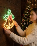 24cm Christmas Bells Holly & Berries Neon LED Light Display On Acrylic Board