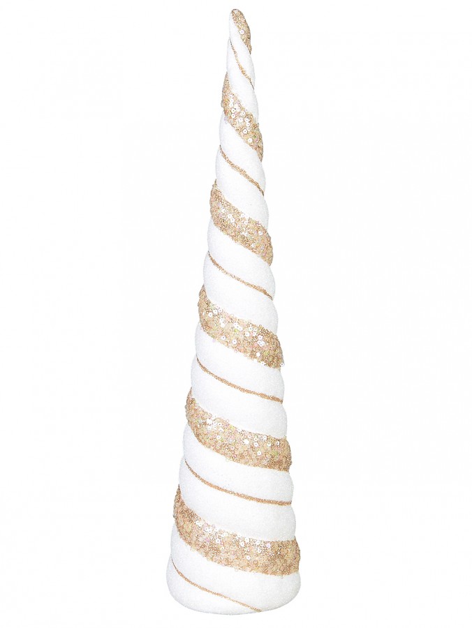 Champagne & White With Glitter & Sequins Conical Shape Table Top Tree - 43cm