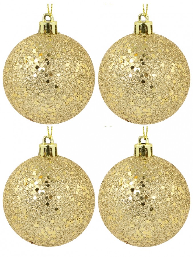 Gold Metallic Ssequin & Glitter Coated Christmas Baubles - 4 x 80mm