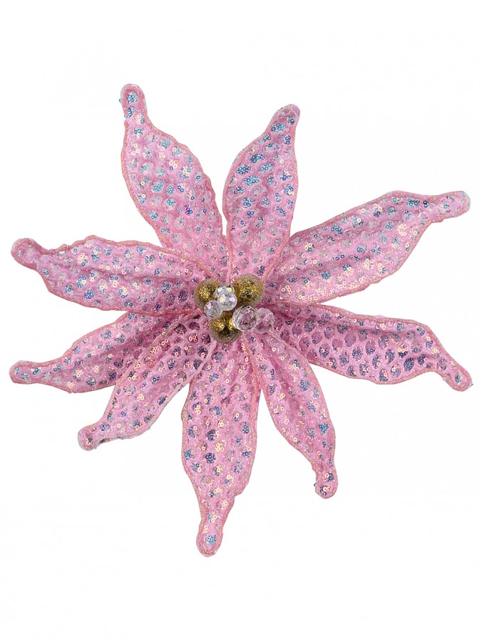 36cm Pink Honeycomb Mesh & Sequin Poinsettia Christmas Tree Clip Pick
