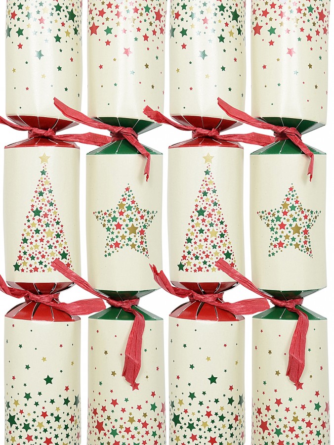 Cream With Red, Gold & Green Christmas Stars Cracker Bon Bons - 50 x 26cm