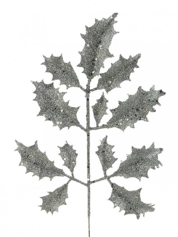 Silver Glittered Holly Leaf Pick - 15cm