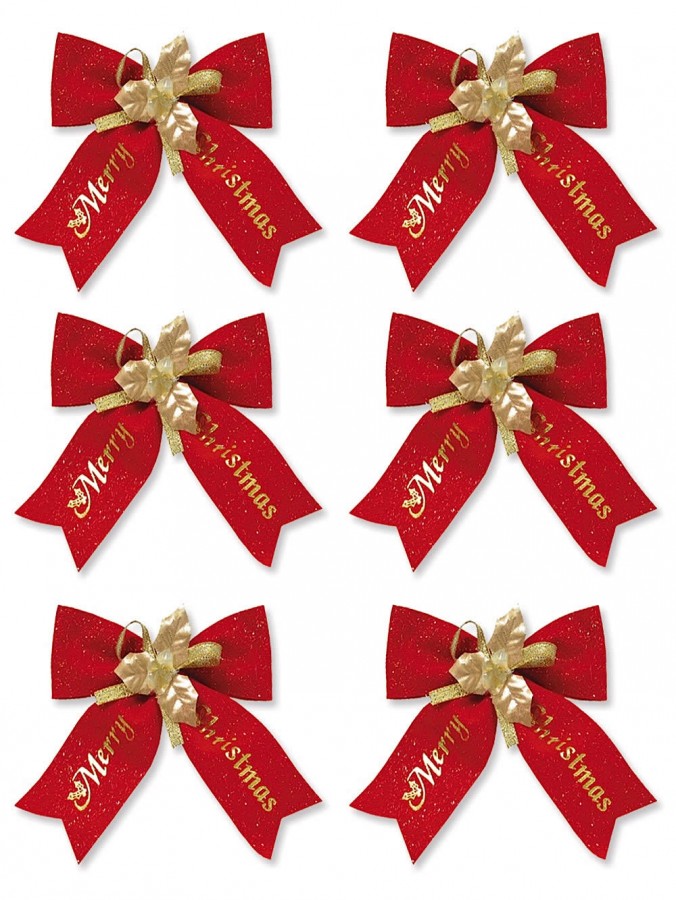 Red Velvet Bow Decoration With Gold Merry Christmas & Ribbon - 6 x 11cm