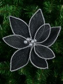 26cm Black Mesh With Silver & White Poinsettia Flower Christmas Tree Clip Pick