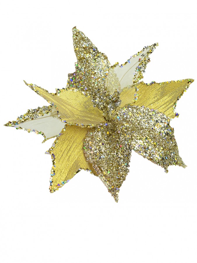 Three Style Luxe Gold & Champagne Leaf Poinsettia Christmas Floral Pick - 21cm