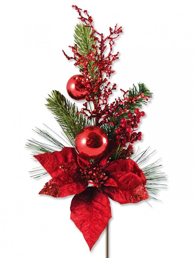 Red Poinsettia Spray With Baubles & Assorted Decorations - 47cm