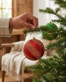 4x Dynamic Red & Green Signature Durian Gold Swirl Ball Bauble | 10cm