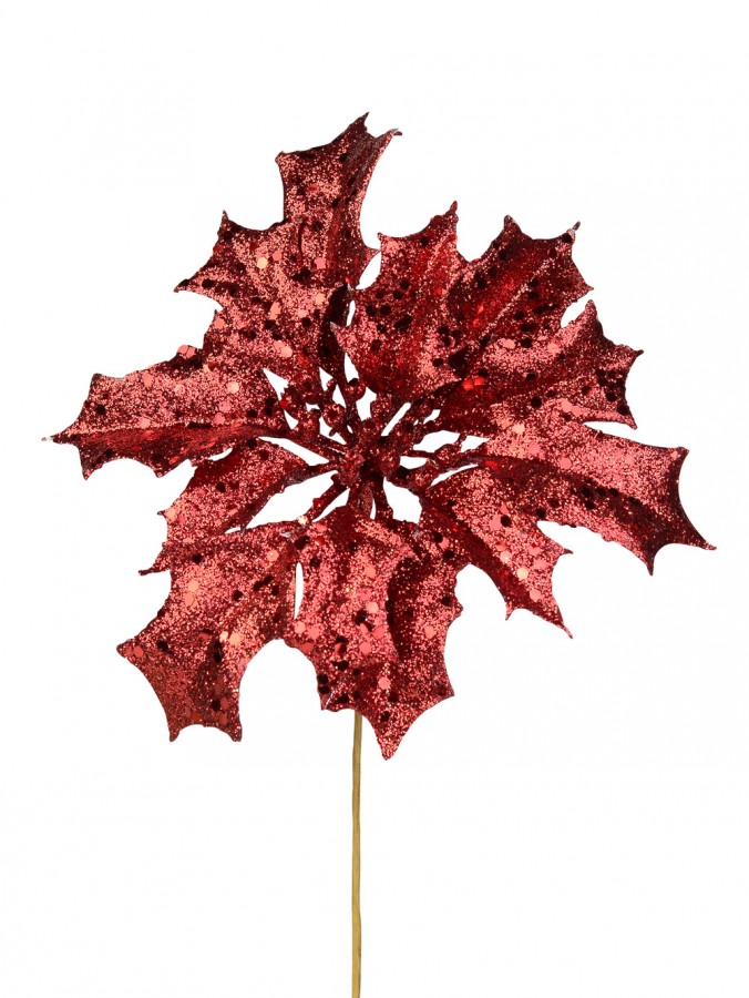 Red Glitter Poinsettia On Single Stem Christmas Floral Pick Decoration - 28cm