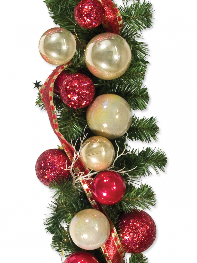 Pre-Decorated Red & Gold Bauble & Pine Garland - 2.7m