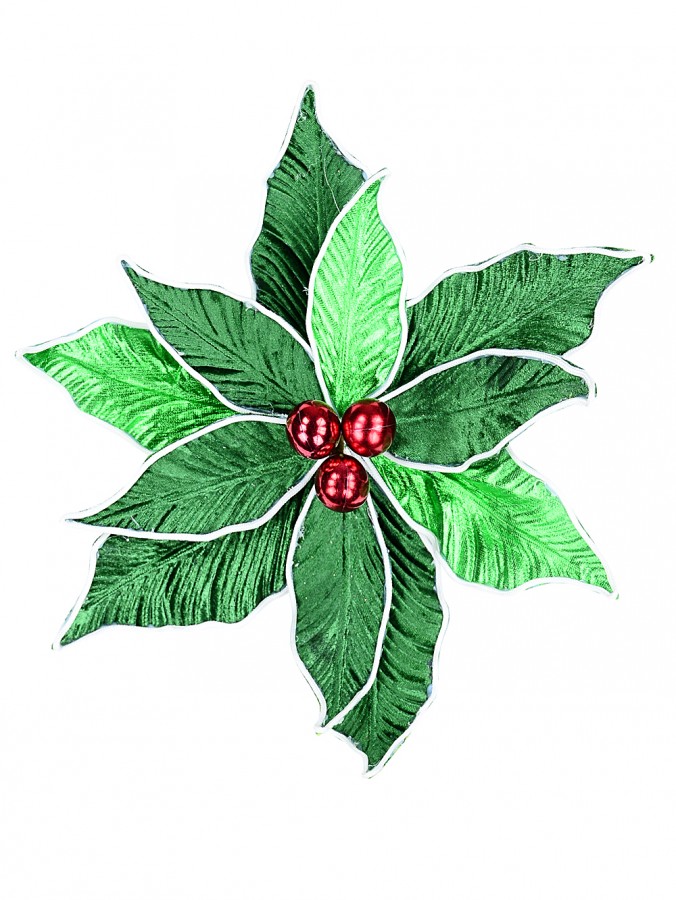 Green Poinsettia Christmas Pick With White Petal Edges & Red Baubles - 30cm