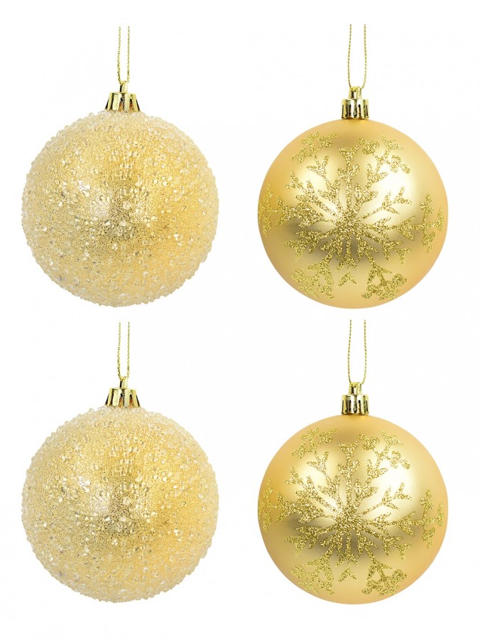 Encrusted & Snowflake Design Soft Gold Baubles - 4 x 80mm