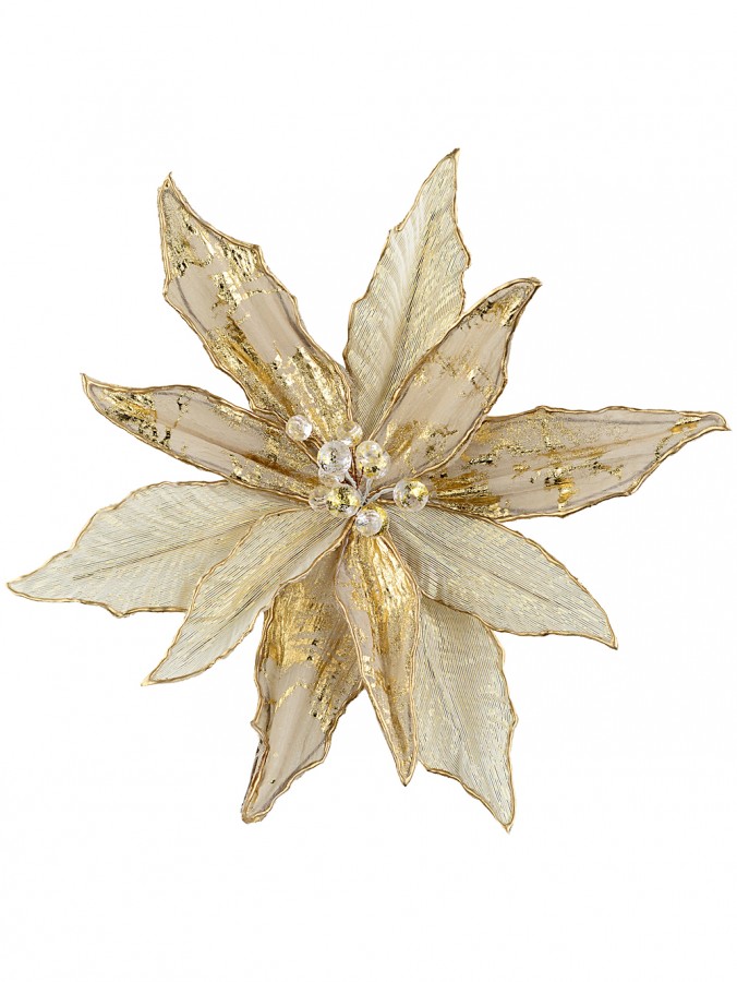 Champagne Gold Organza Foil Fleck Poinsettia Christmas Clip Stem | 33cm