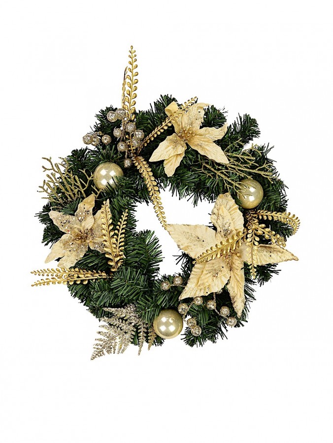 Classic Gold & Champagne Wreath With Poinsettias, Baubles & Berries - 48cm