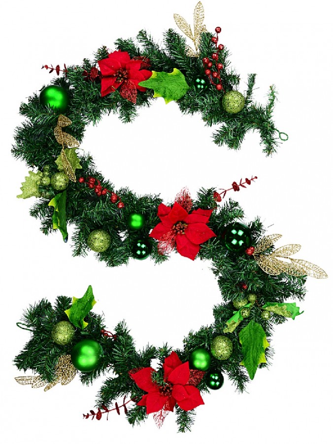 Red Poinsettia, Mistletoe, Foliage & Baubles Decorated Pine Garland - 2.3m