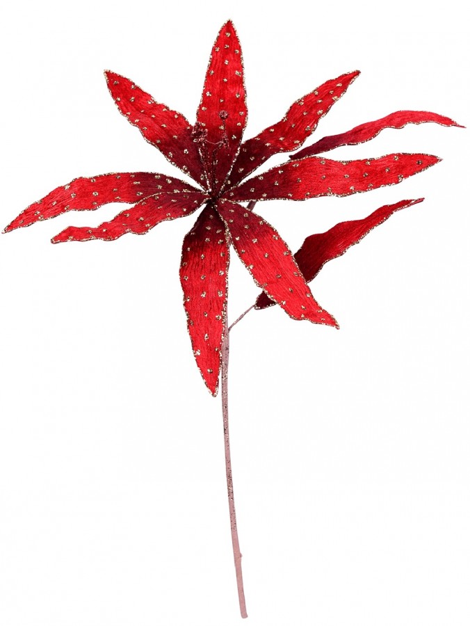 Tiger Lily Red Velvet With Gold Glitter Decorative Christmas Floral Stem - 62cm