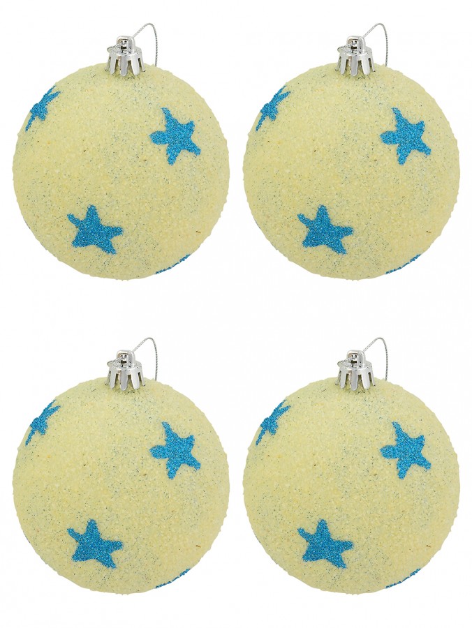 Sand Like Texture Baubles Decorated With Turquoise Stars - 4 x 75mm