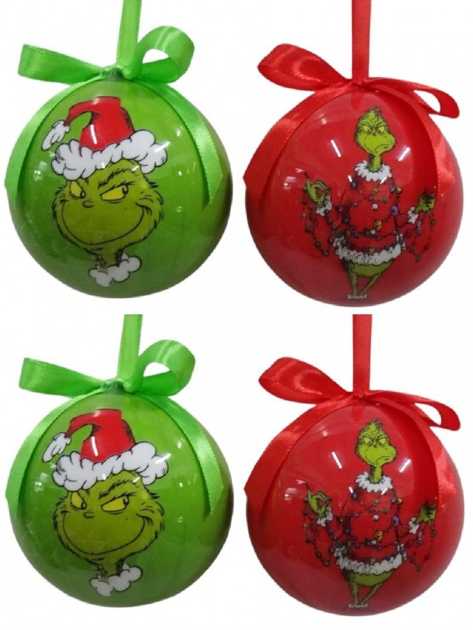 6x 70mm Red & Green Grinch Christmas Baubles With Gift Box