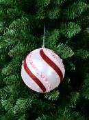 15cm White, Red & Pink Candy Swirl Textured Ball Bauble With Glitter & Beads