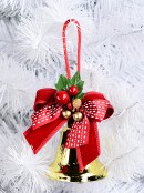 Shiny Gold Christmas Bell Hanging Decoration With Red Bow & Holly - 10cm